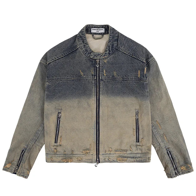 DIE STREETWEAR-JACKE AUS DISTRESSED-DENIM MIT REISSVERSCHLUSS