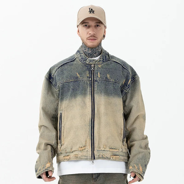 DIE STREETWEAR-JACKE AUS DISTRESSED-DENIM MIT REISSVERSCHLUSS